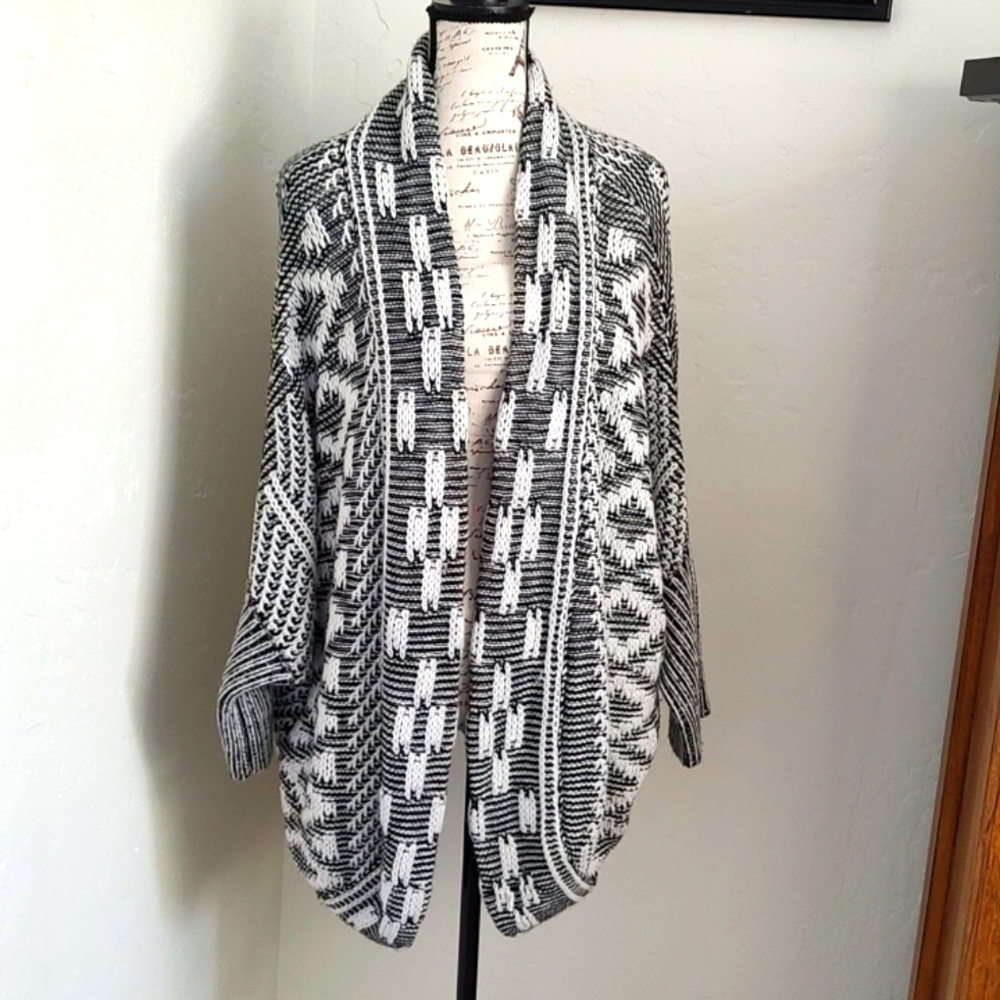 Flying Tomato Black and White Cardigan Sweater with Intricate Geometric …